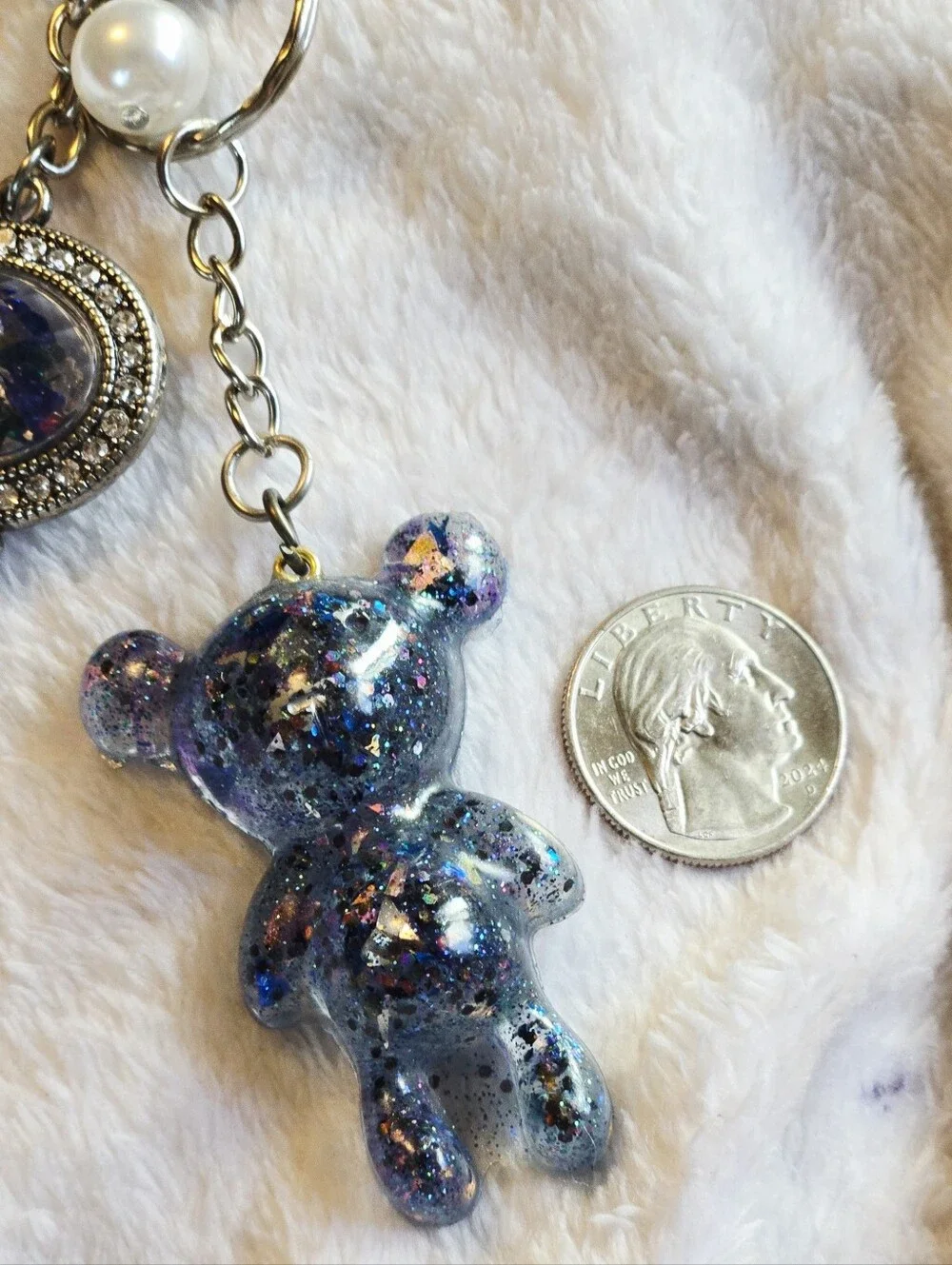 Handmade Blue Glitter Bear Keychain with Decorative Key Charm